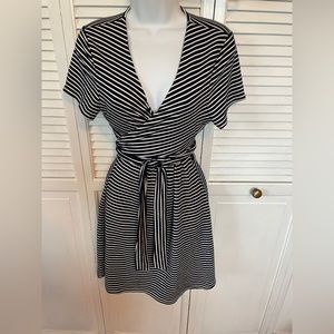 She + Sky Navy & White Striped Faux Wrap Dress Size Medium
